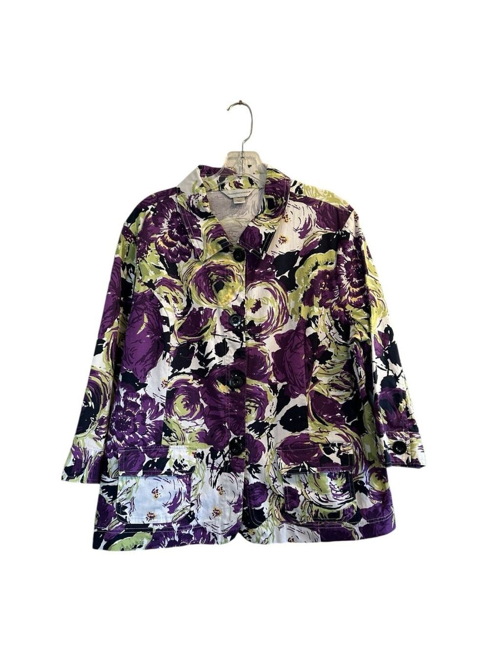 Christopher & Banks 5-Button Floral Shirt Jacket Womens XL Pockets 3/4 Sleeves